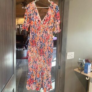 Luxxel Large Smocked Bodycon Floral Midi Dress